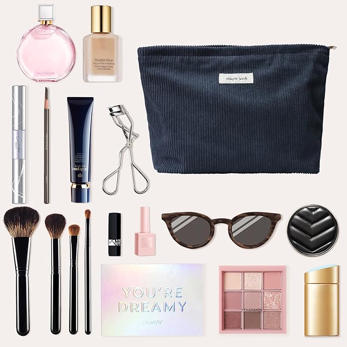 Wudygirl Cosmetic Bags for Women,Travel Makeup Bag,Aesthetic Women Handbags Purses,Large Capacity Corduroy Toiletry bag Zipper Pouch(Navy Blue)