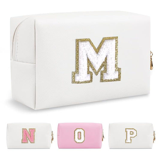 Small Personalized Initial A-Z Preppy Patch Makeup Bag,White PU Chenille Letter Travel Cosmetic Pouch with Zipper,Cute Toiletry Bag,Gift Ideal for Teen Girls Women Teacher Bridesmaid,Letter M