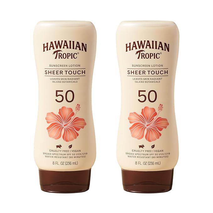 Hawaiian Tropic Sheer Touch Lotion Sunscreen SPF 50, 8oz Twin Pack | Hawaiian Tropic Sunscreen SPF 50, Sunblock, Broad Spectrum, Oxybenzone Free, 8oz each