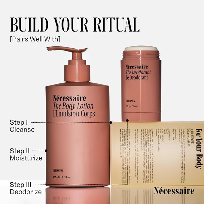 Nécessaire The Body Lotion with Pump. Olibanum. Multi-Peptide Firming to Moisturize + Strengthen. 2.5% Niacinamide, Vitamin C/E + Omega 6/9. Notes of Vanilla, Fig Leaf, & Cassis Buds. 450ml/15.2 fl oz