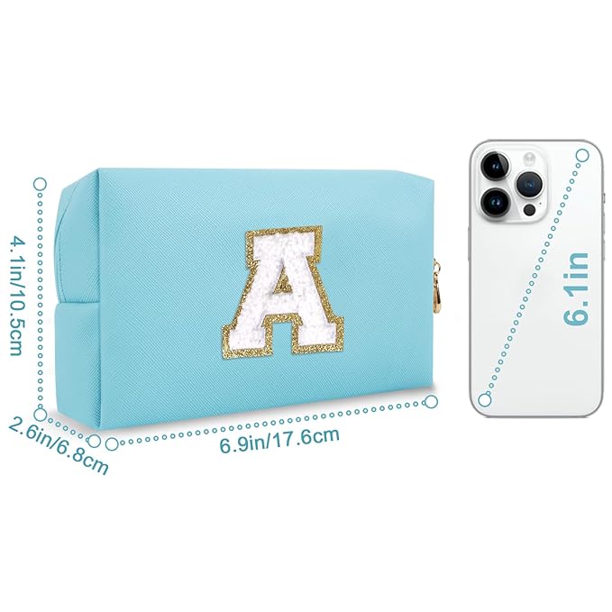 Small Personalized Initial A-Z Preppy Patch Makeup Bag,PU Chenille Letter Travel Cosmetic Pouch with Zipper,Blue Cute Toiletry Bag,Gift Ideal for Teen Girls Women Teacher Bridesmaid,Letter A