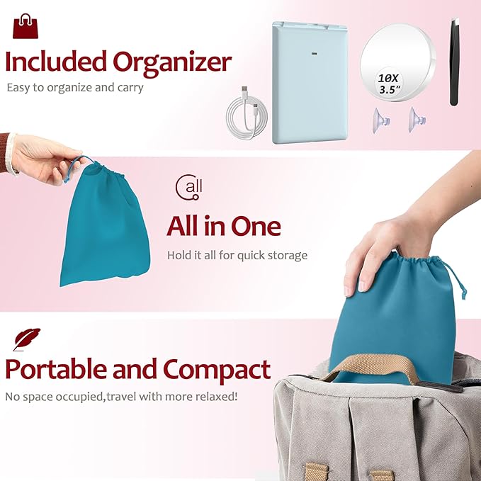 Travel Makeup Mirror with Light, Rechargeable Portable Folding Compact Mirror Set with Tweezer, Lighted Makeup Mirrors with 72 LED 3 Color Light Modes, Dimmable Touch Screen LED Mirrors-Cyan