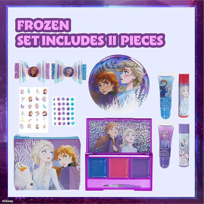 Disney Frozen - Townley Girl Super Sparkly Cosmetic Beauty Makeup Set For Girls with Clips, Lip Gloss, Nail Stickers, Lip Balm, Nail Gems and Mirror For Parties, Sleepovers & Makeovers