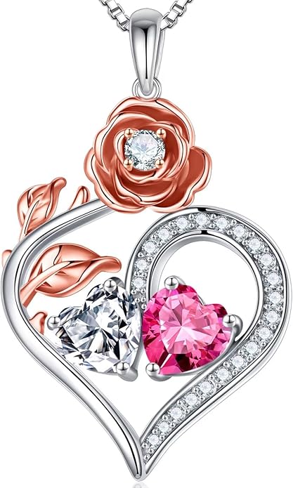 Iefil Rose Heart Birthstone Necklaces for Women - 925 Sterling Silver Double Birthstone Necklace, Anniversary Birthday Gifts for Women, Jewelry Gifts for Wife Her