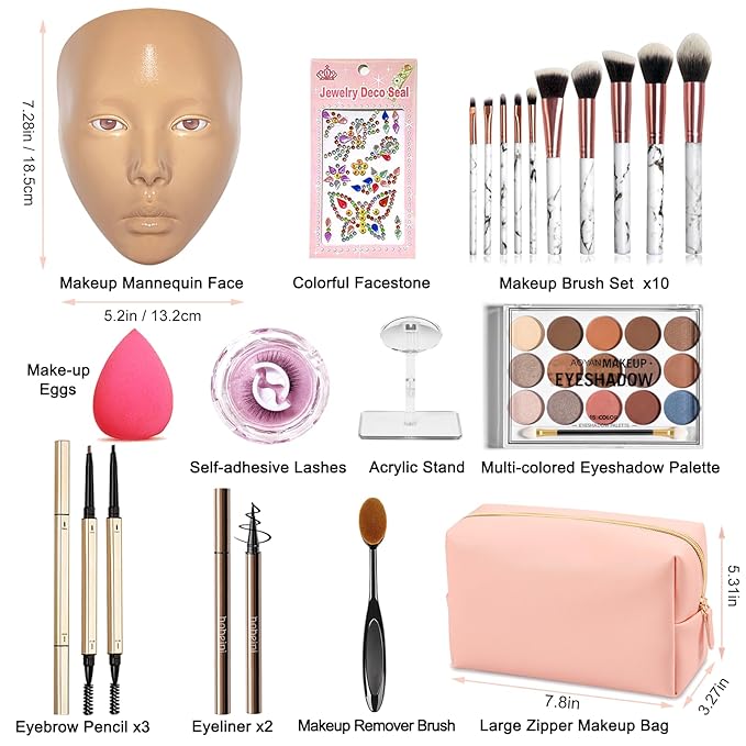 Makeup Practice Face Board, Silicone Makeup Mannequin Head for Facial Practice, Doll Head Makeup Kit for Girls, 5D Face Makeup Set, Doll Repainting Practice Makeup