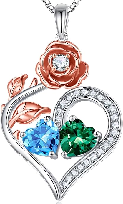 Iefil Rose Heart Birthstone Necklaces for Women - 925 Sterling Silver Double Birthstone Necklace, Anniversary Birthday Gifts for Women, Jewelry Gifts for Wife Her