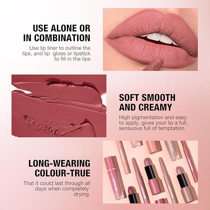 LANGMANNI 3 in 1 Matte Velvet Lipstick Set-Lip Liner,Lip Gloss and Lipstick Combo,Perfect for Natural Lip Contour,Waterproof And Longlasting Effect Lip Makeup,Unique Festival Gift (#02+04+06)