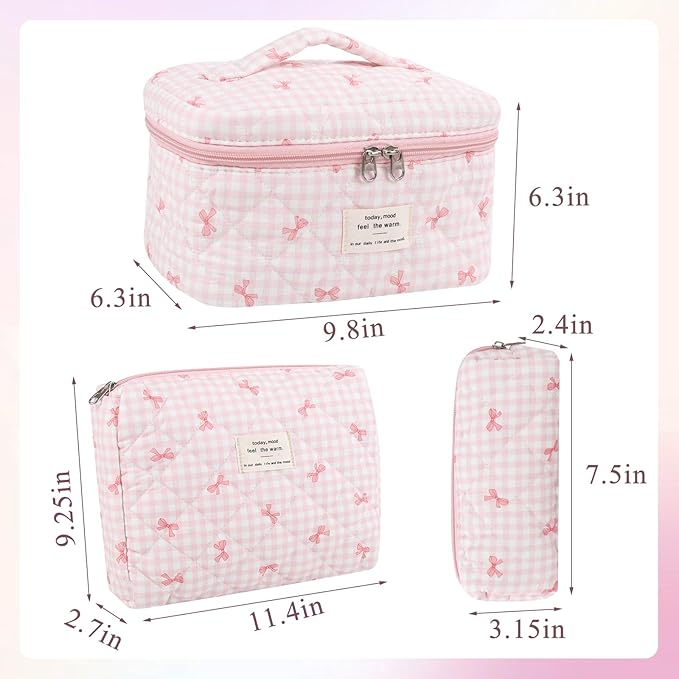 Anfly Makeup Bag, Quilted Cosmetic Bags, Large Floral Make Up Bag, Cute Makeup Bag 3PC Set for Women Girls (Pink)