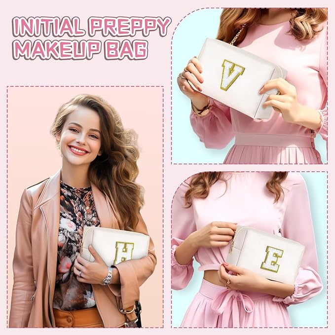 TOPEAST Initial Makeup Bag for Travel, Chenille Letter Pouch Cosmetic Bag, PU Leather Waterproof Toiletry Bag, Personalized Gifts for Bride Bridemaids, Cute Things for Girls (White Q)