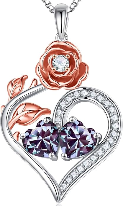 Iefil Rose Heart Birthstone Necklaces for Women - 925 Sterling Silver Double Birthstone Necklace, Anniversary Birthday Gifts for Women, Jewelry Gifts for Wife Her