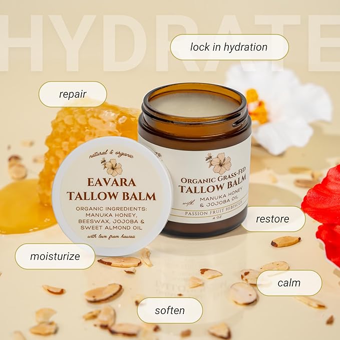 Beef Tallow for Face, Moisturizer with Manuka Honey & Pure Essential Oils, Organic Face & Body Balm, Natural Skincare with Jojoba, Sweet Almond, Tamanu & Baobab Oils, Made in USA, 4oz