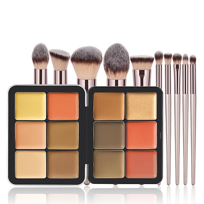 Makeup Kit, 12 Colors Vegan Eyeshadow Concealer Palette with 10 Professional Champagne Gold Makeup Brushes Set, Cruelty-Free, Gift Set for Women, Teens, Beginners(A)