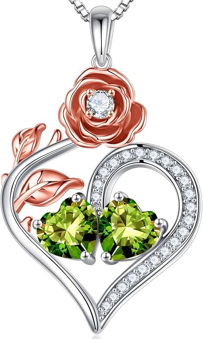 Iefil Rose Heart Birthstone Necklaces for Women - 925 Sterling Silver Double Birthstone Necklace, Anniversary Birthday Gifts for Women, Jewelry Gifts for Wife Her