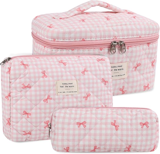Anfly Makeup Bag, Quilted Cosmetic Bags, Large Floral Make Up Bag, Cute Makeup Bag 3PC Set for Women Girls (Pink)
