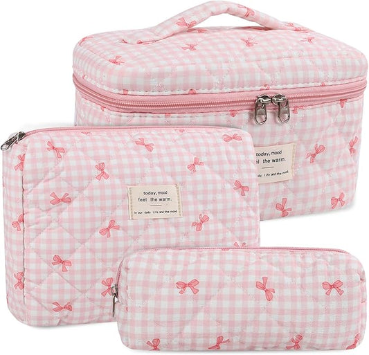 Anfly Makeup Bag, Quilted Cosmetic Bags, Large Floral Make Up Bag, Cute Makeup Bag 3PC Set for Women Girls (Pink)