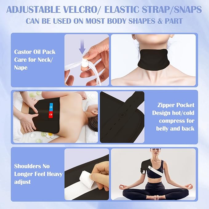 Castor Oil Pack Wrap, 9 Pcs Organic Castor Oil Packs Kit for Entire Body Neck Shoulder Waist Back Hand Knee Leg and Feet, Reusable Pads Kit for Hot/Cold Castor Oil Compress for Woman/Man【Black】