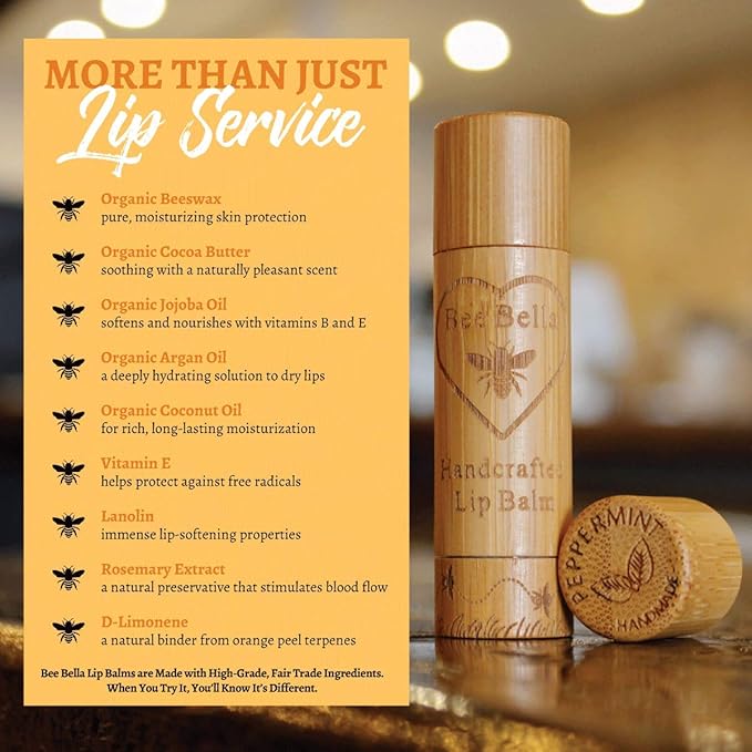 Bee Bella Lip Balm, Peppermint, 3 Pack - Hydrating Lip Care, 100% Natural, Original Organic Beeswax with Vitamin E, Handmade in USA