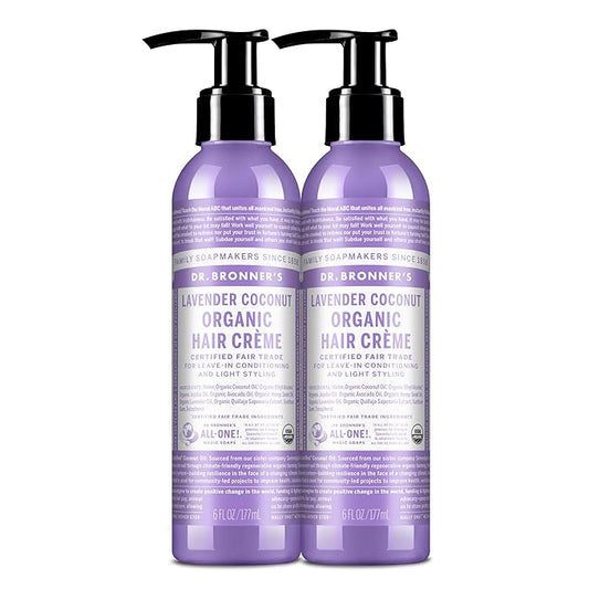 Dr. Bronner's - Organic Hair Crème - Lavender Coconut, Leave-In Conditioner & Styling Cream, Made w/Organic Oils, Hair Cream Supports Shine & Strength, Nourishes Scalp, Non-GMO (6oz, 2-Pack)
