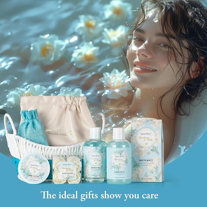 Mother's Day Gift for Mom Spa Gift Baskets for Women, Gardenia Tulip Home Spa Kit with Cosmetic Bag gift woman. Bath & Body Basket Set 8Pcs Bath and Body Gifts Set, Luxury Gift Basket