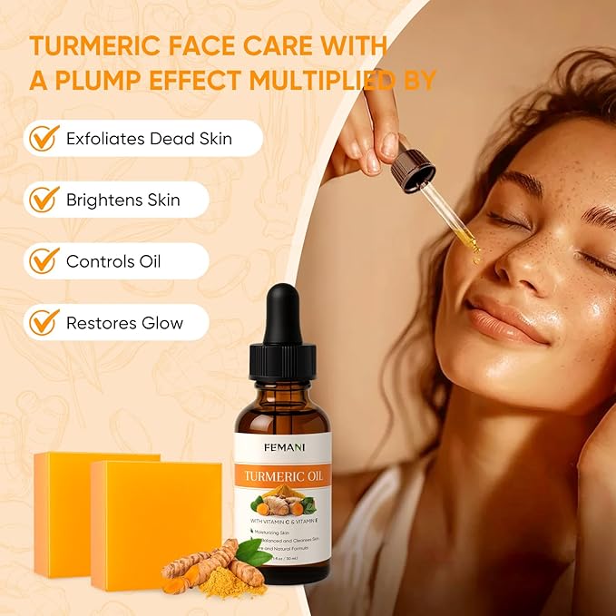 2 PCS Natural Turmeric Soap Bar for Face & Body Cleanser and Turmeric Oil, Nautral Ingredients Turmeric Wash and Care Set, Soothing, Hydrating, Turmeric Skin Care Set for All Skin Type