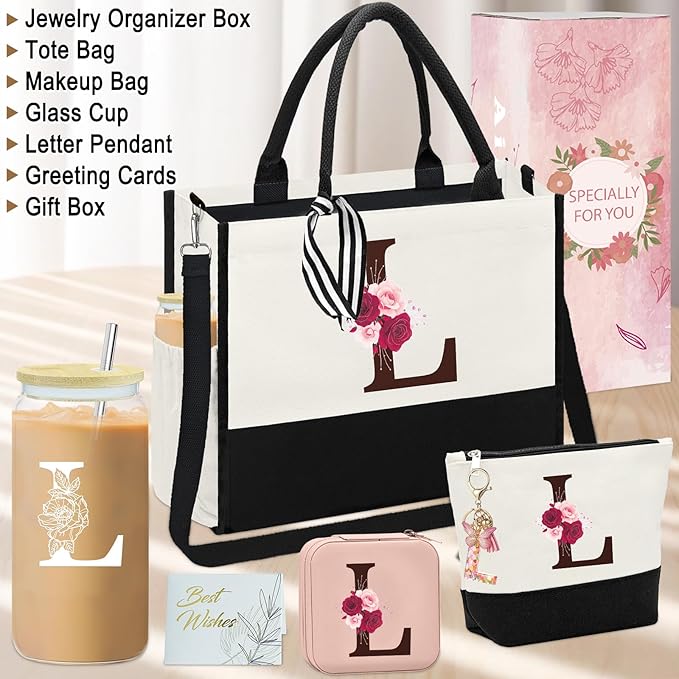 Birthday Gifts for Women,Initial Canvas Tote Bag,Monogrammed Gift for Women,16oz Initial Glass Cup,Makeup Bag with Zipper,Jewelry Organizer Box,Personalized Gifts for Mom-L