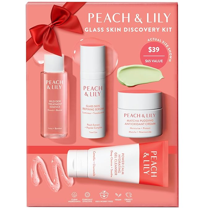 Peach & Lily - Glass Skin Discovery Kit (4 Products) - Cleanser, Essence, Serum, & Cream - Facial Skincare Set - Acne Routine - Trial & Travel Size - Vegan, Gluten Free, & Cruelty Free - Korean Beauty