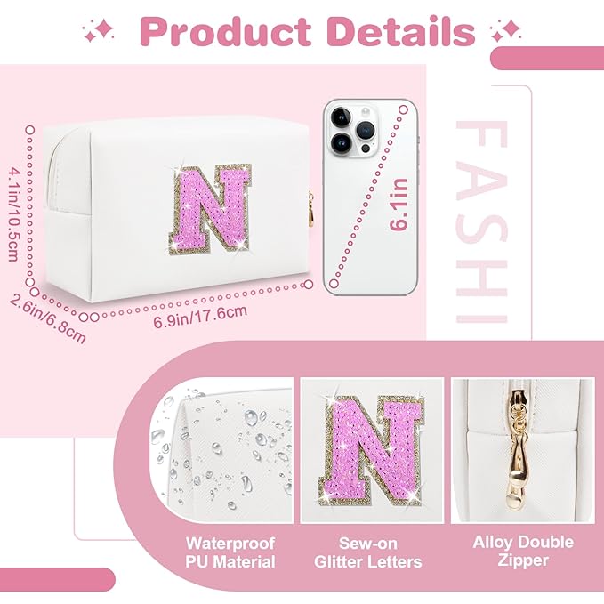 Small Initial Patch Makeup Bag Personalized Gifts Make Up Bag,White Cute PU Leather Glitter Letter Cosmetic Bag with Zipper,Trendy Portable Travel Toiletry Pouch,Preppy Stuff for Teen Girls Women N