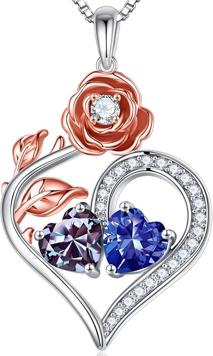 Iefil Rose Heart Birthstone Necklaces for Women - 925 Sterling Silver Double Birthstone Necklace, Anniversary Birthday Gifts for Women, Jewelry Gifts for Wife Her