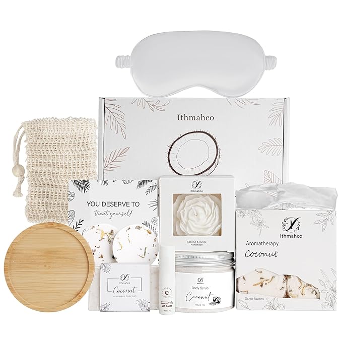 Spa Gifts for Women, Bath and Body Gift Basket Birthday Gifts for Women, Coconut Home Spa Set Relaxation Self Care Gift for Woman, Thank You Baskets Body Care Set for Mom Wife Sister Friends Coworker