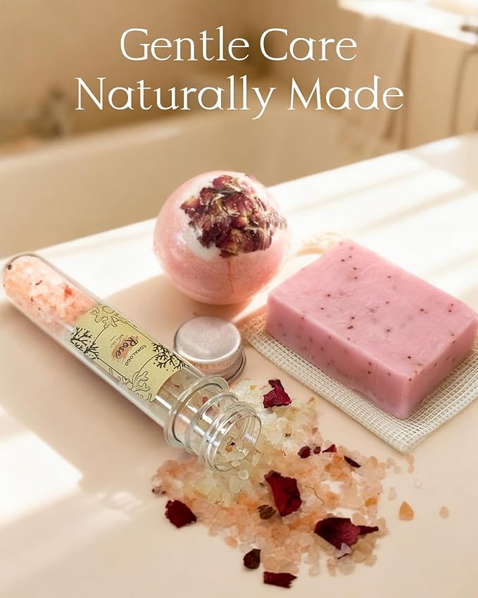 Coralogo Rose Spa Gift Baskets - Natural Pampering Spa Set, Self-Care Beauty Gift Basket, Wellness Bath & Body Works, Unique Gifts for Birthday, Valentines Day, Mothers Day for Mom, Wife, Her