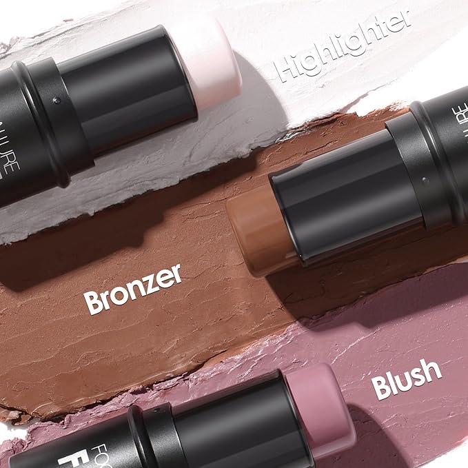 FOCALLURE 3PCS Cream Contour Stick - Highlighter Bronzer Blush Set for Face Sculpting, Non-Greasy Longwear Makeup, Easy to Blend with Natural Matte Finish,SET 7