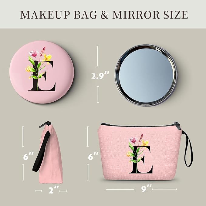 Women Birthday Unique Bride to be Bridal Shower Initial Gifts for Mom Sister Friend Her Teacher Aunt Makeup Cosmetic Bag with Mirror Mothers Day Christmas Graduation E