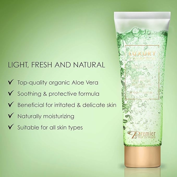 Dead Sea Premier Natural Aloe Vera Gel – Organic, pure, for Face, Hair and Body, good for Sun Burn Relief, Bug or Insect Bites, Dry Damaged Aging skin, Razor Bumps & Acne. silky, non-tacky – 4.25Fl.oz