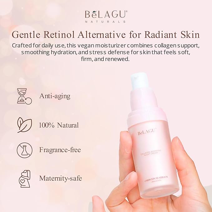 BeLagu Collagen Boosting Night Cream with Bakuchiol & Adaptogenic Mushrooms - Natural Retinol Alternative Moisturizer for Firming, Smoothing & Stress Defense - Vegan Skincare Face Cream (1 fl oz)