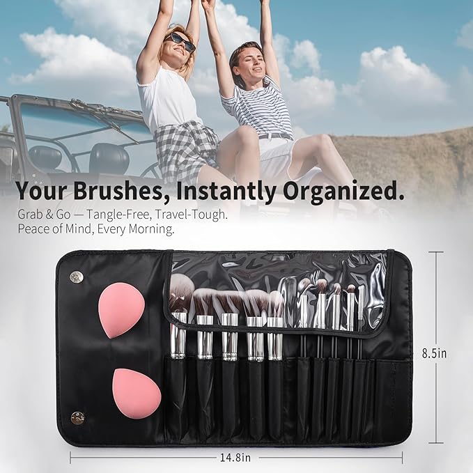 BEAKEY Makeup Brushes Set Premium Foundation Concealer Blush Bronzer Eye Shadow 10+2 PCS Brushes & Blender Sponges with Portable Makeup Bag