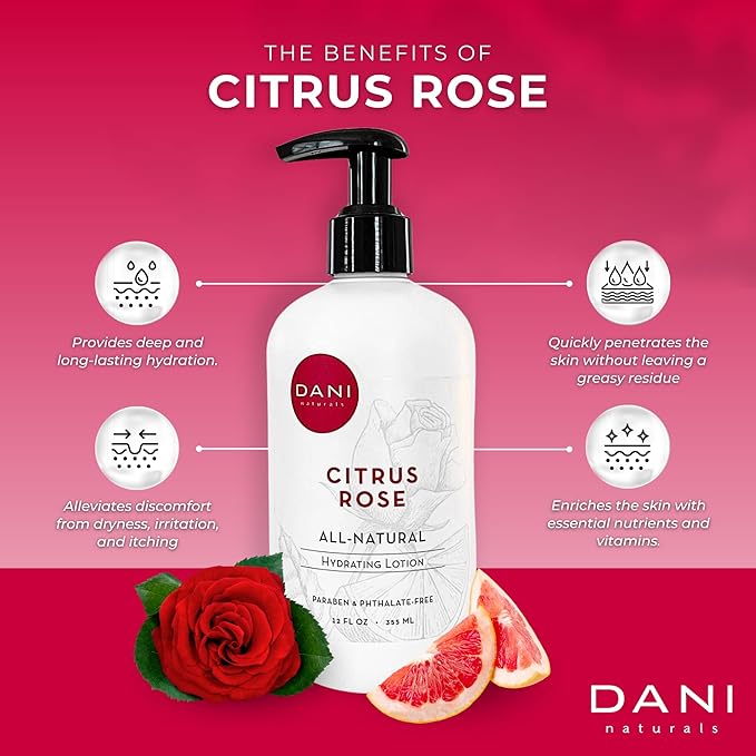 DANI Naturals Hand & Body Lotion - Citrus Rose Scented, Deep Hydration Lotion for Dry Skin, With Shea Butter & Aloe Vera, Natural & Organic Ingredients, Paraben-Free, 12 Oz