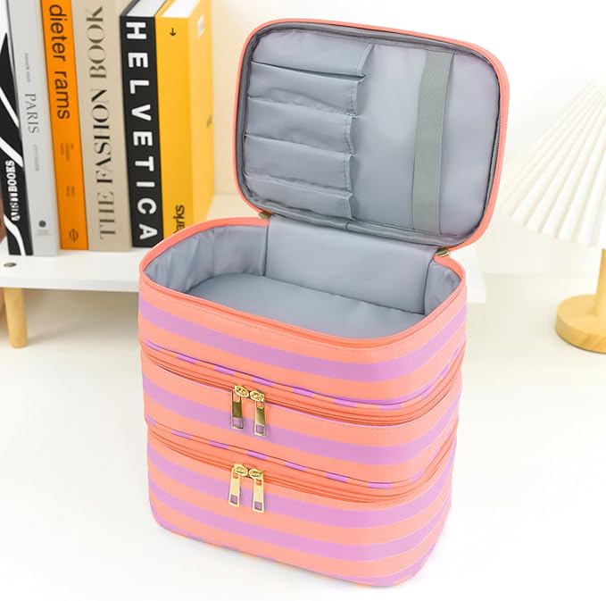 Three Layer Makeup Bag for Women Fashion Stripes Cosmetic Bag Preppy Style Travel Water-Resistant Toiletry Bag for Storage Toiletries Cosmetics Sets for Women Teen Girls Purple