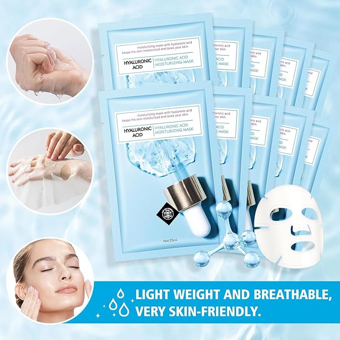 10 Sheets Face Mask Skincare Hyaluronic Acid Face Masks, Hydrating Face Masks Skin Care, Deeping Moisturizing Facial Masks for All Skys Types, Smoothing Party Spa Gift for Women