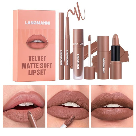 LANGMANNI 3 in 1 Matte Velvet Lipstick Set-Lip Liner,Lip Gloss and Lipstick Combo,Perfect for Natural Lip Contour,Waterproof And Longlasting Effect Lip Makeup,Unique Festival Gift (#03, Pack of 1)