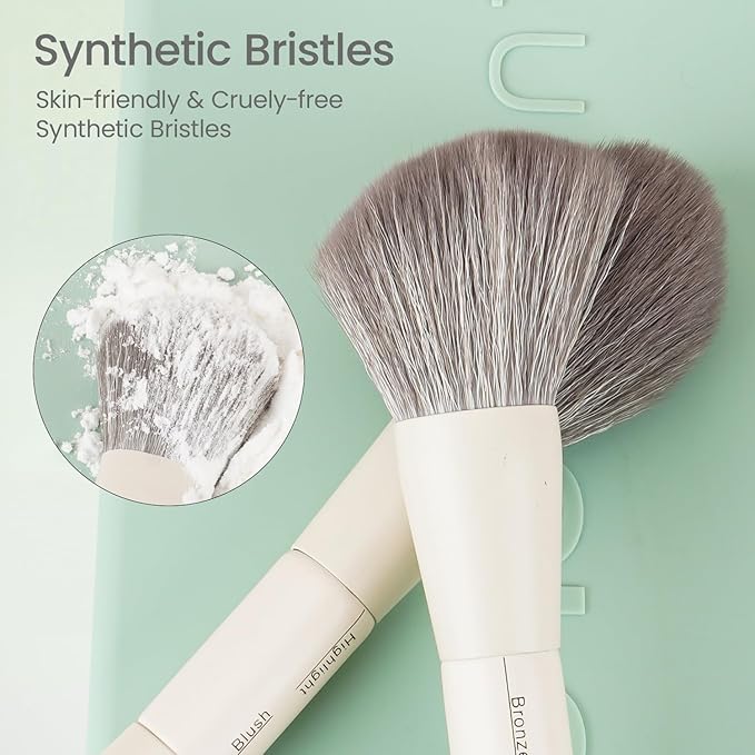LULUCOLORS-Dual-Ended Makeup Brush Set with Sponge & Travel Case-13 Kinds of Multi-Functional Brushes for Face & Eyes – Soft Bristles, Easy Travel Brush Set (Mint Green)