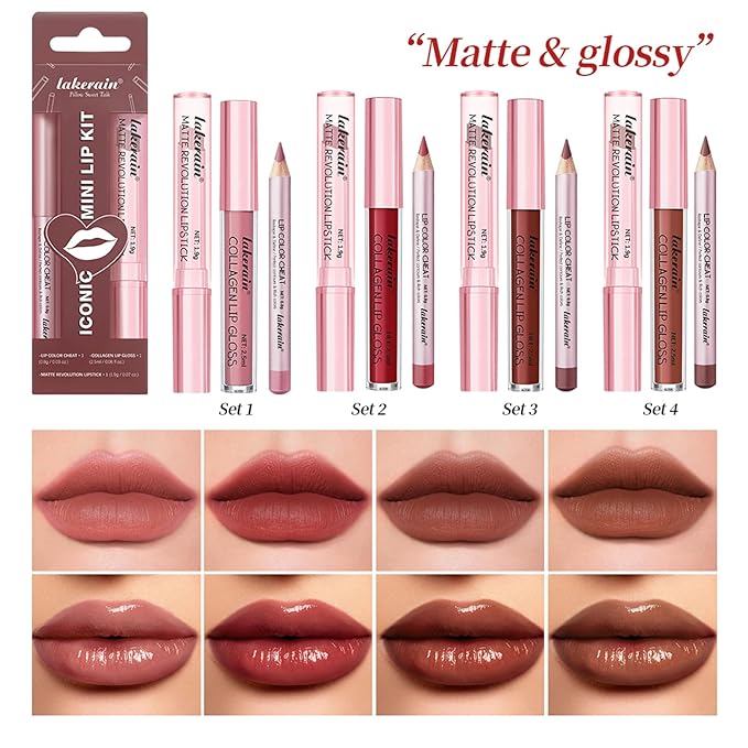 3PCS Lip Liner and Lipstick Combo Set - Matte Lip Liner Pencil, Velvet Matte Lipstick & Hydrating Collagen Lip Gloss - Long-Lasting, Smudge-Proof, High Pigment Nude Brown Lip Makeup Kit (Set 2, 3)