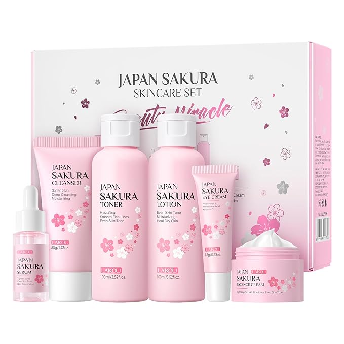 Skin Care Set JAPAN SAKURA Women Beauty Gift Sets Skin Care Kit with Cleanser, Toner, Lotion, Serum, Eye Cream, Face Cream Travel Kit for Women Teen Girls Mom Daughter TSA-friendly Sizes 6pcs