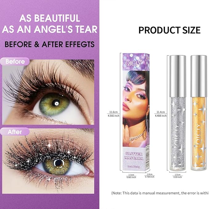 3PCS Glitter Mascara for Eyelashes,Waterproof Long Lasting Silver Gold Purple Color Diamond Sparkly Mascara, Lengthening Volumizing Colorful,Party Wedding Stage Use Halloween Christmas Makeup