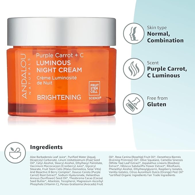 Andalou Naturals Purple Carrot + Vitamin C Luminous Skin Night Cream - Hydrating Face Moisturizer - With Fruit Stem Cell Complex for Radiant Skin - 1.7 fl oz