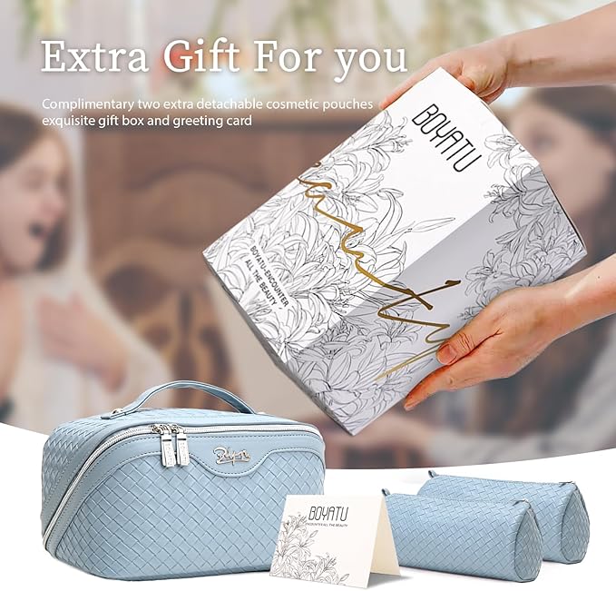 BOYATU Travel Makeup Bags for Women: Large Makeup Organizer - PU Leather Make up Bag Set of 3 - Portable Toiletry Bag with Compartments & Handle & Divider (L04 Light Blue)