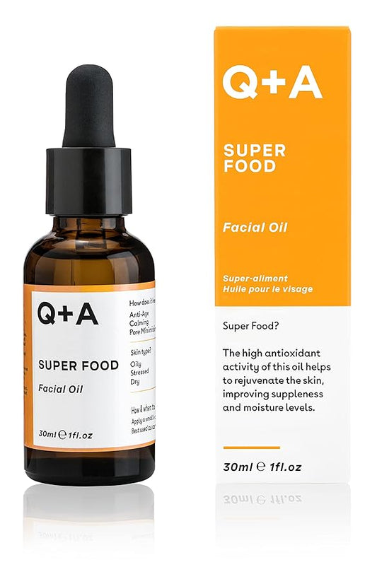 Q+A Super Food Facial Oil (30ml), Natural Vitamin-Rich Face Oil with Jojoba, Vitamin E Oil, Deeply Nourishes and Hydrates Dry, Sensitive, and Normal Skin, Boosts Skin Radiance and Glow