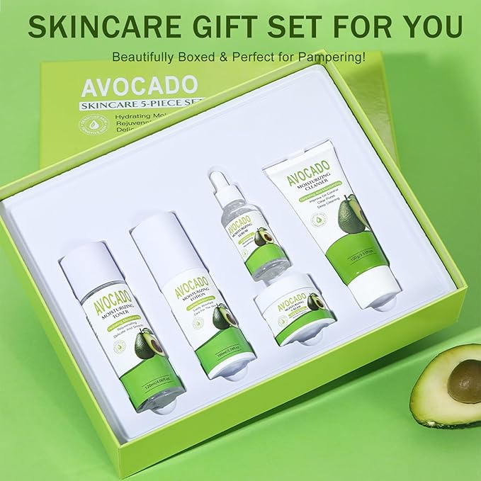 5PCS Avocado Skincare Set for Women, Facial Care Kit with Cleanser, Toner, Serum, Lotion & Cream – Moisturizing & Nourishing Skin Care Gifts for Teens & Women, Daily Hydrating Facial Set