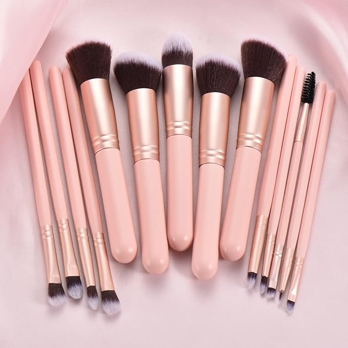 14 Piece Pink Makeup Brushes-Wooden Handle with Soft Synthetic Bristles,for Face & Eye Makeup|Professional Makeup Brushes set for Women & Girls|