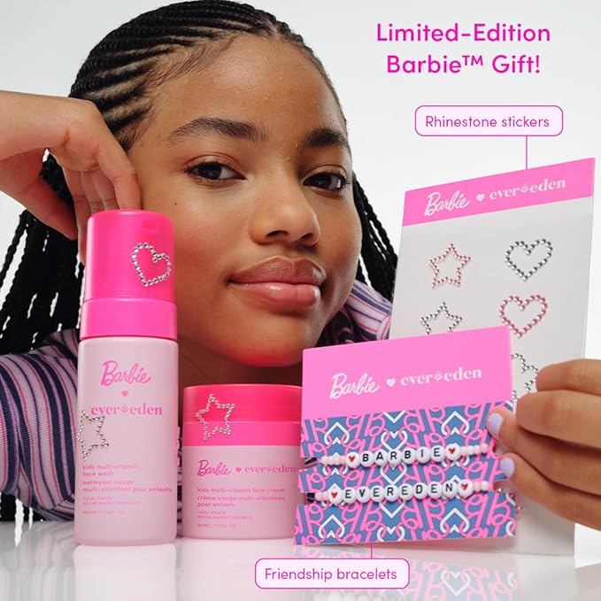 Evereden Barbie Limited Edition Kids Happy Face Duo + Exclusive Barbie Accessories | Multi-Vitamin Kids Face Wash & Cream Set with Stickers + Bracelets | Clean, Vegan Skin Care for Children 3+