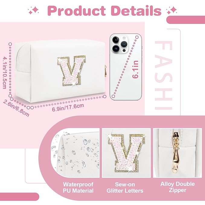 Small Initial Patch Makeup Bag Personalized Gifts Make Up Bag,White Cute PU Leather Glitter Letter Cosmetic Bag with Zipper,Trendy Portable Travel Toiletry Pouch,Preppy Stuff for Teen Girls Women V
